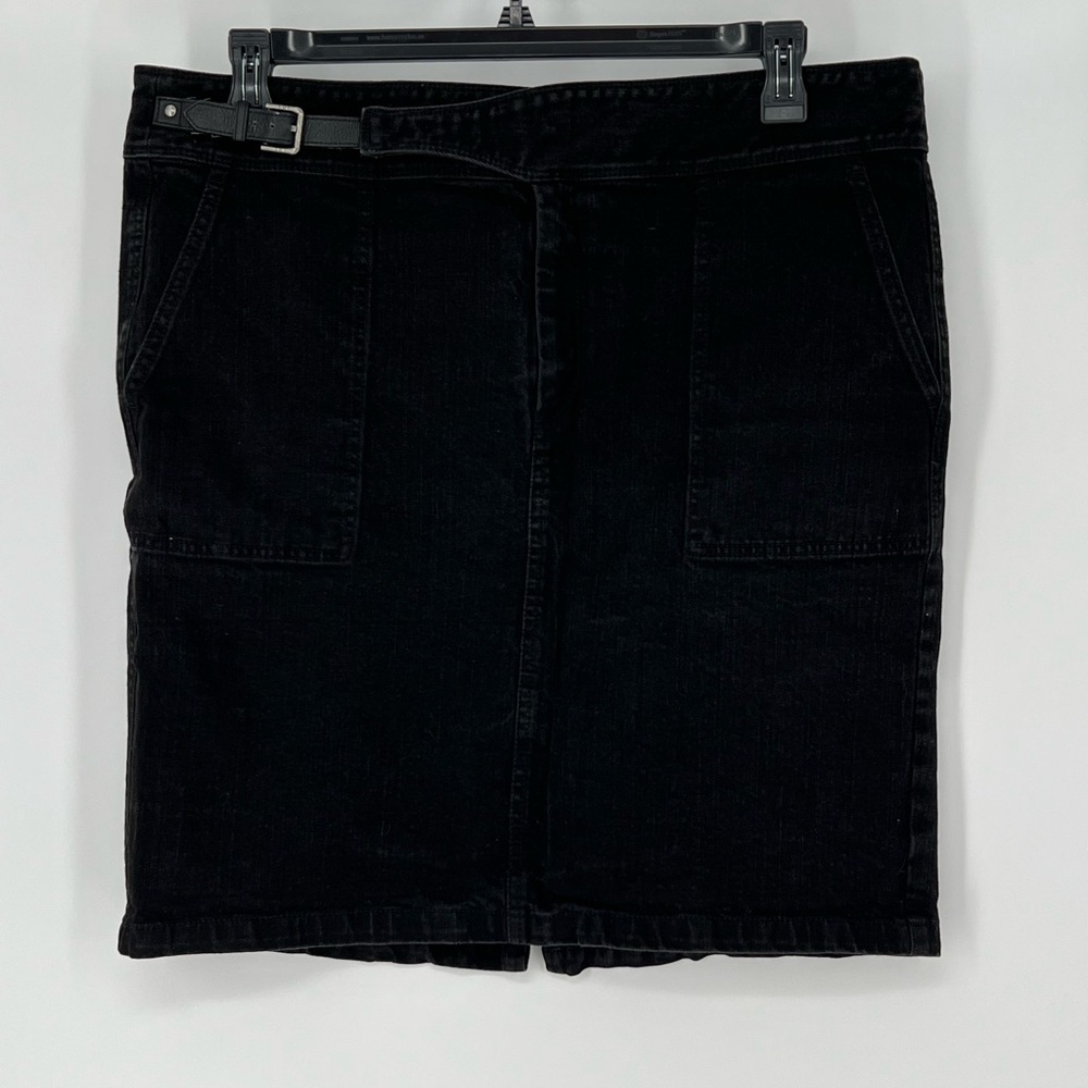 RALPH LAUREN BLACK DENIM SKIRT FLATTERING STRETCH‎ MOVES WITH YOU FRONT  ZIPPER
